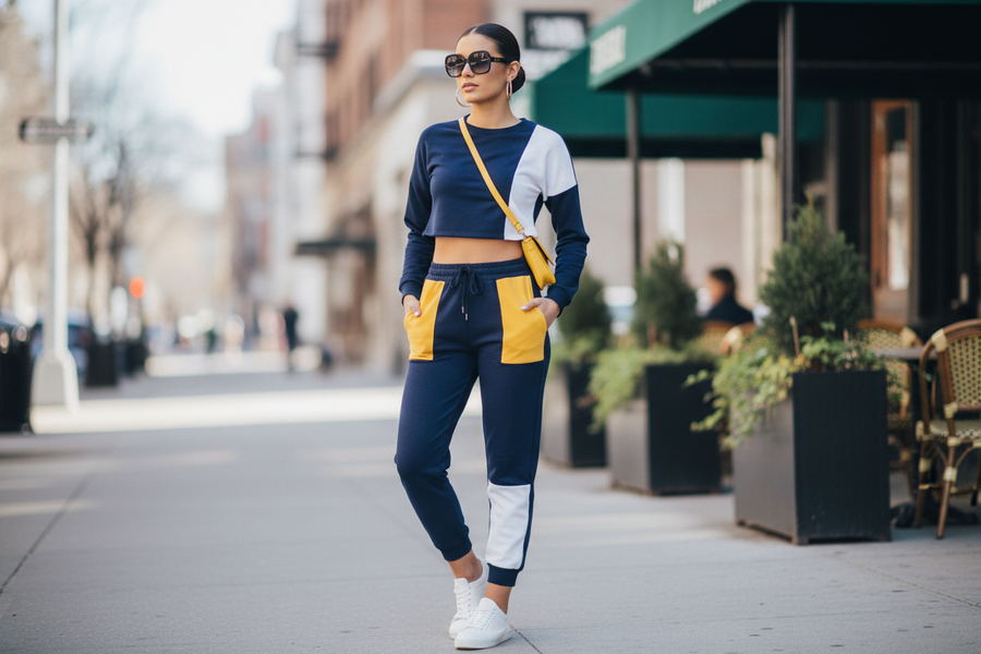 Trendy color block two piece set styled with sneakers for a casual streetwear look