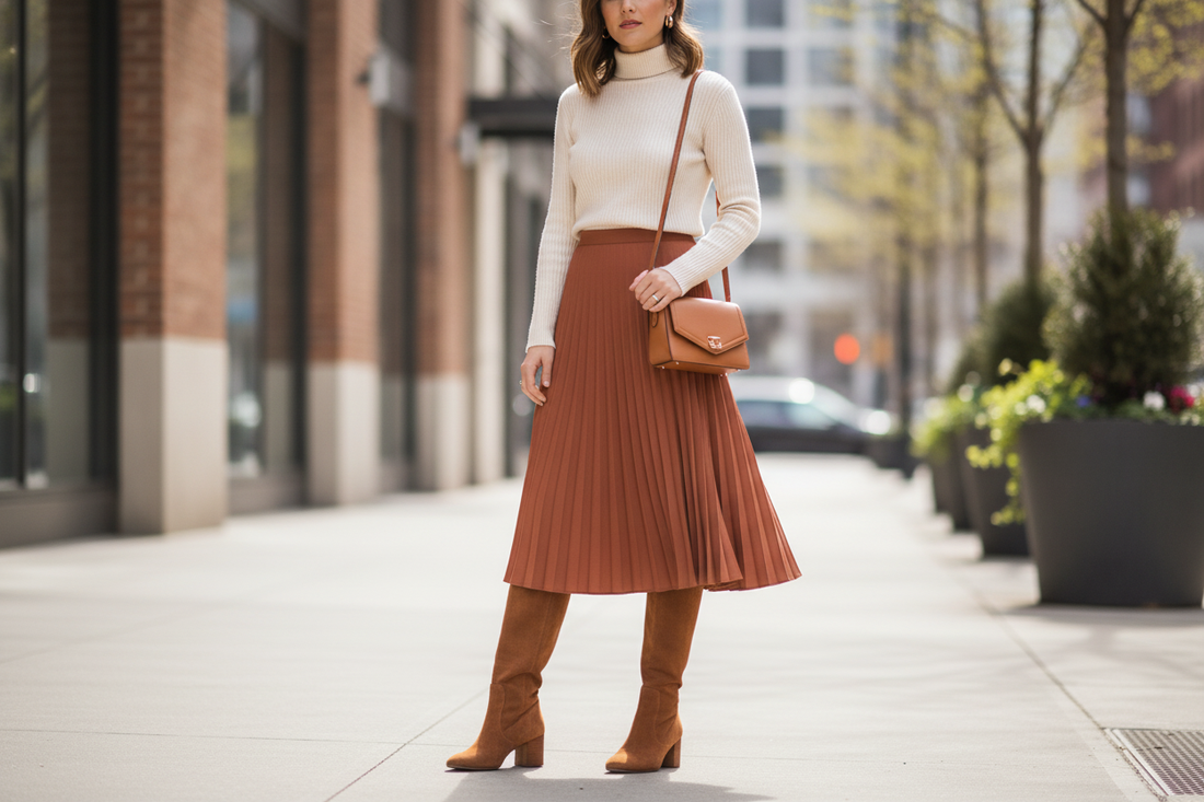 Chic city look showing how to style calf high boots with a pleated skirt and turtleneck for fall