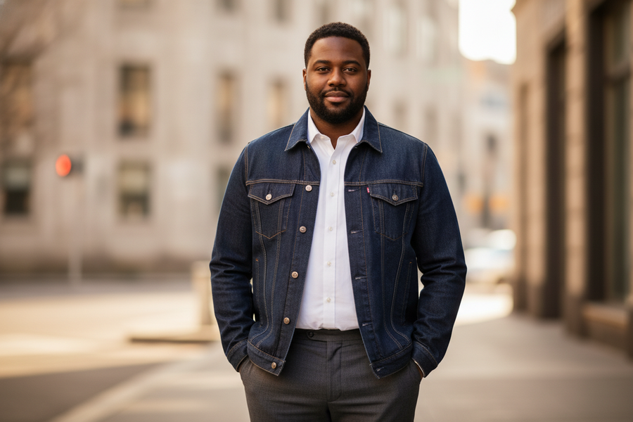 Trendy plus size denim jacket for men styled with a white shirt, perfect for modern street fashion