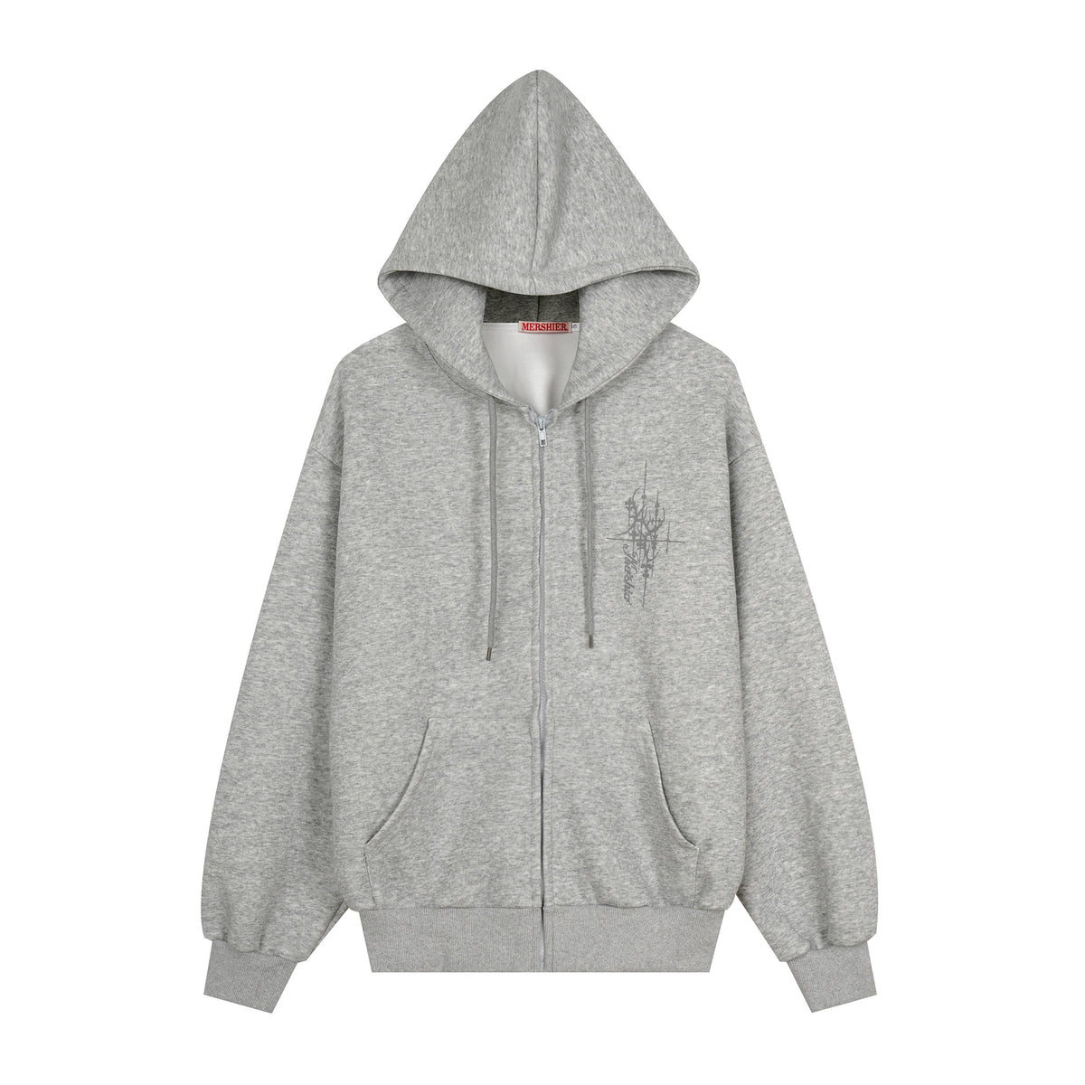 Grey zip-up hoodie with a hood, drawstring, front pockets, and a small graphic on the chest.