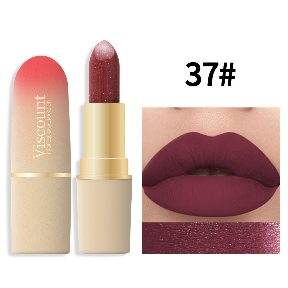 Viscount 37# lipstick in matte berry red with gold accent and ombre red-to-beige plastic case.