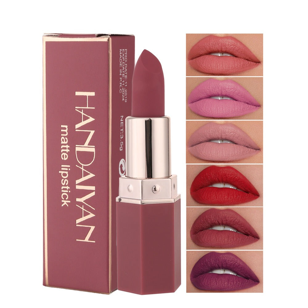 Handaiyan matte lipstick in mauve, next to a matching box with white text, and swatches on lips.