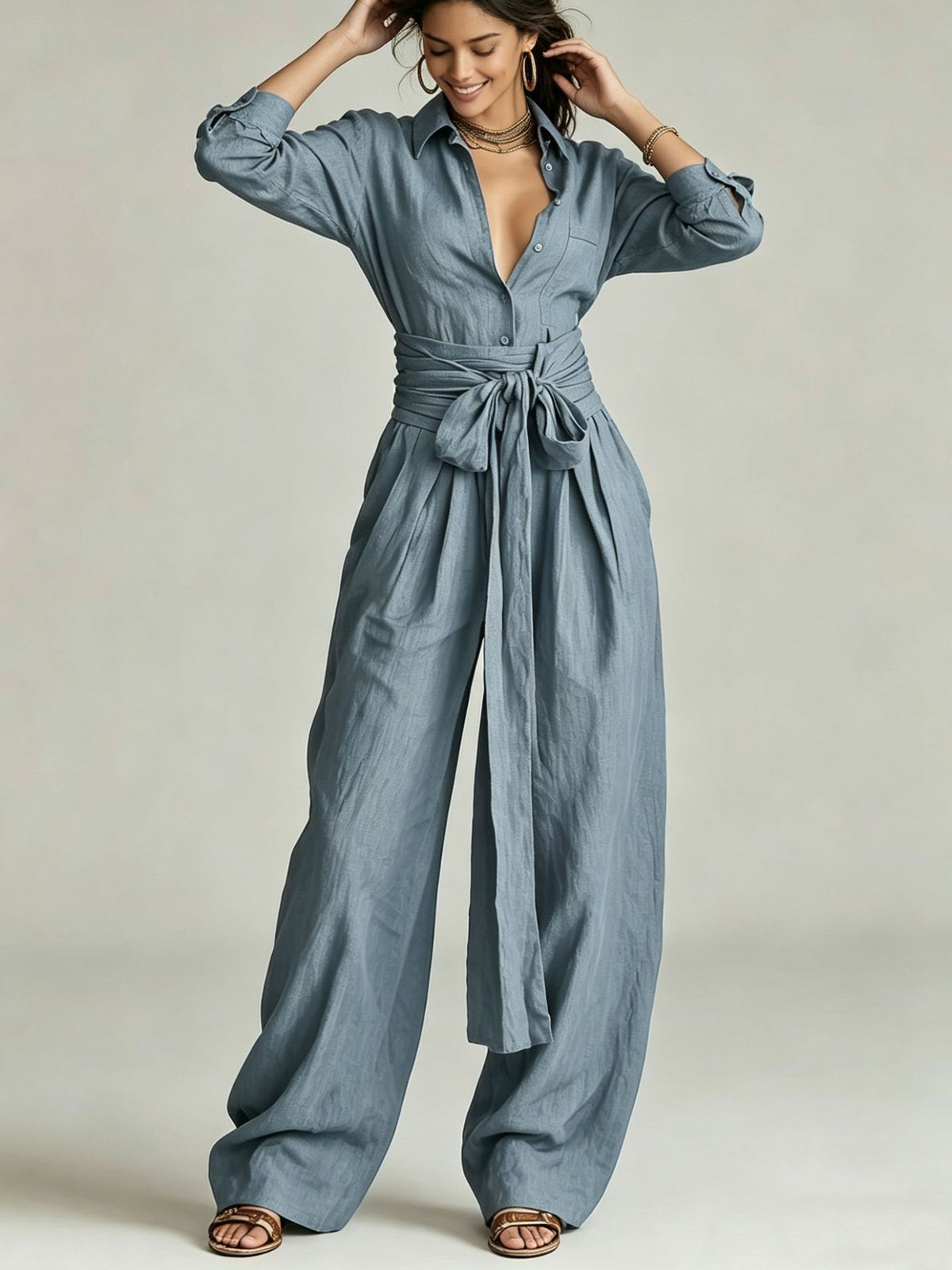 Solid color collar top and high-waisted pants two-piece set from Plush Fashion Hub, casual outfit with stylish design.