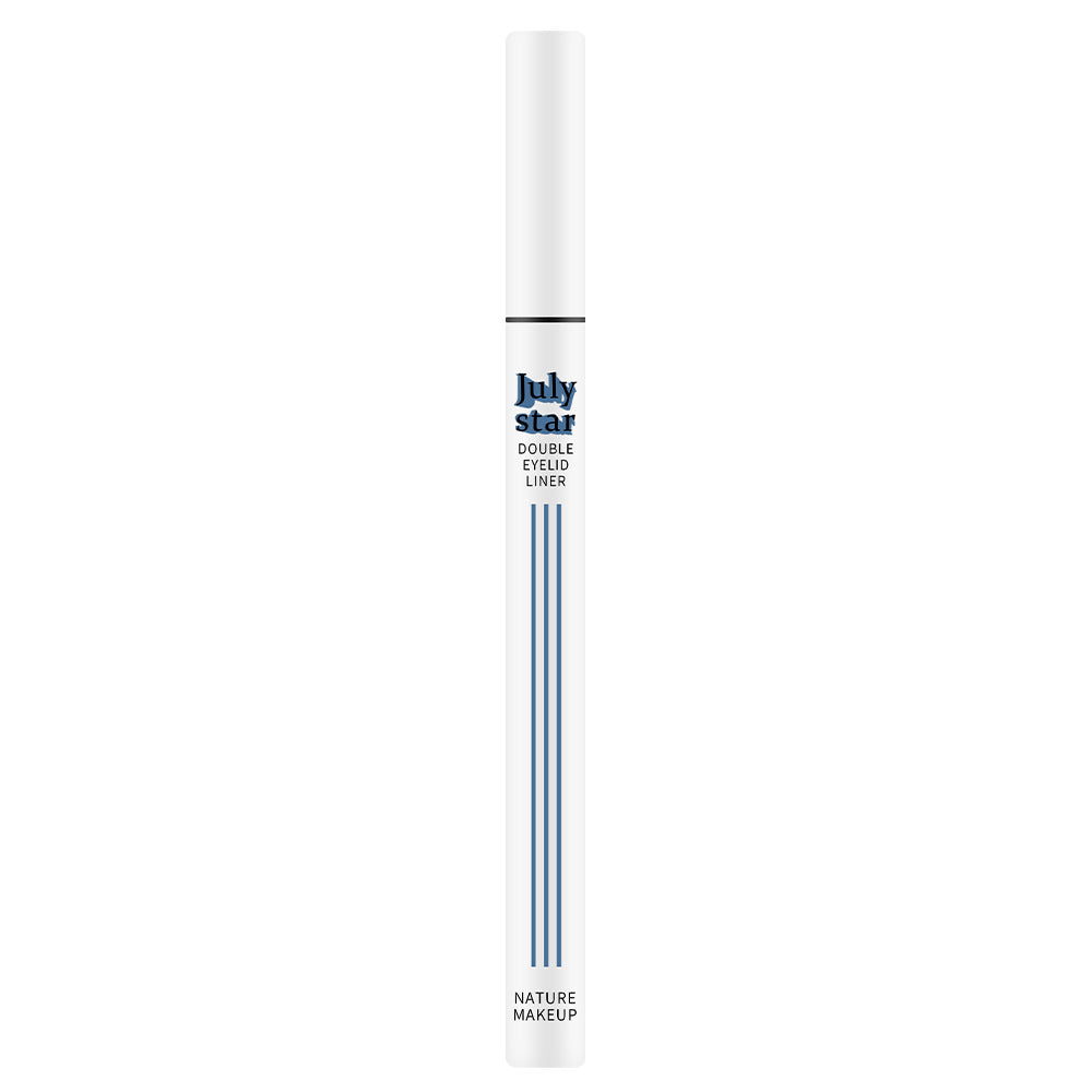 White plastic double eyelid liner pen with blue vertical stripes, blue text, and cap.