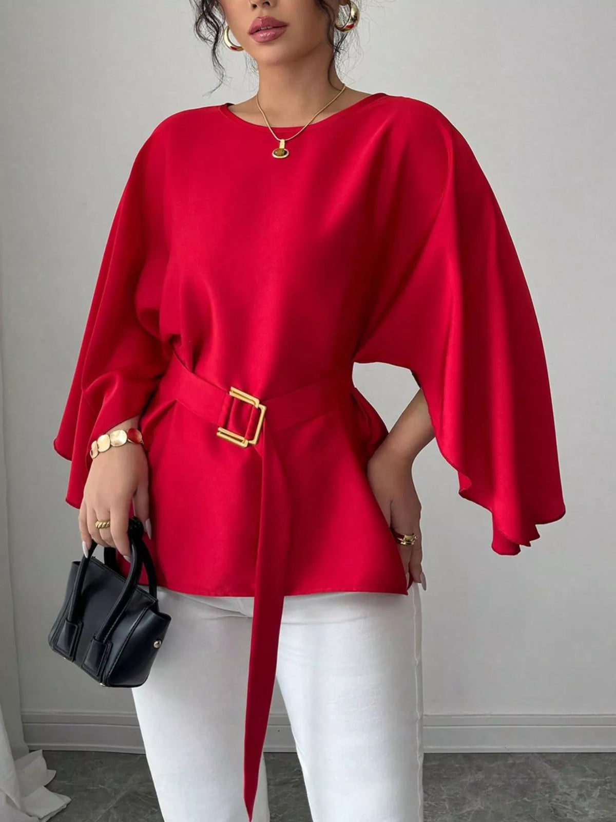 Plush Fashion Hub batwing sleeve belted blouse in lightweight fabric, featuring a flowy silhouette and tied waist detail.
