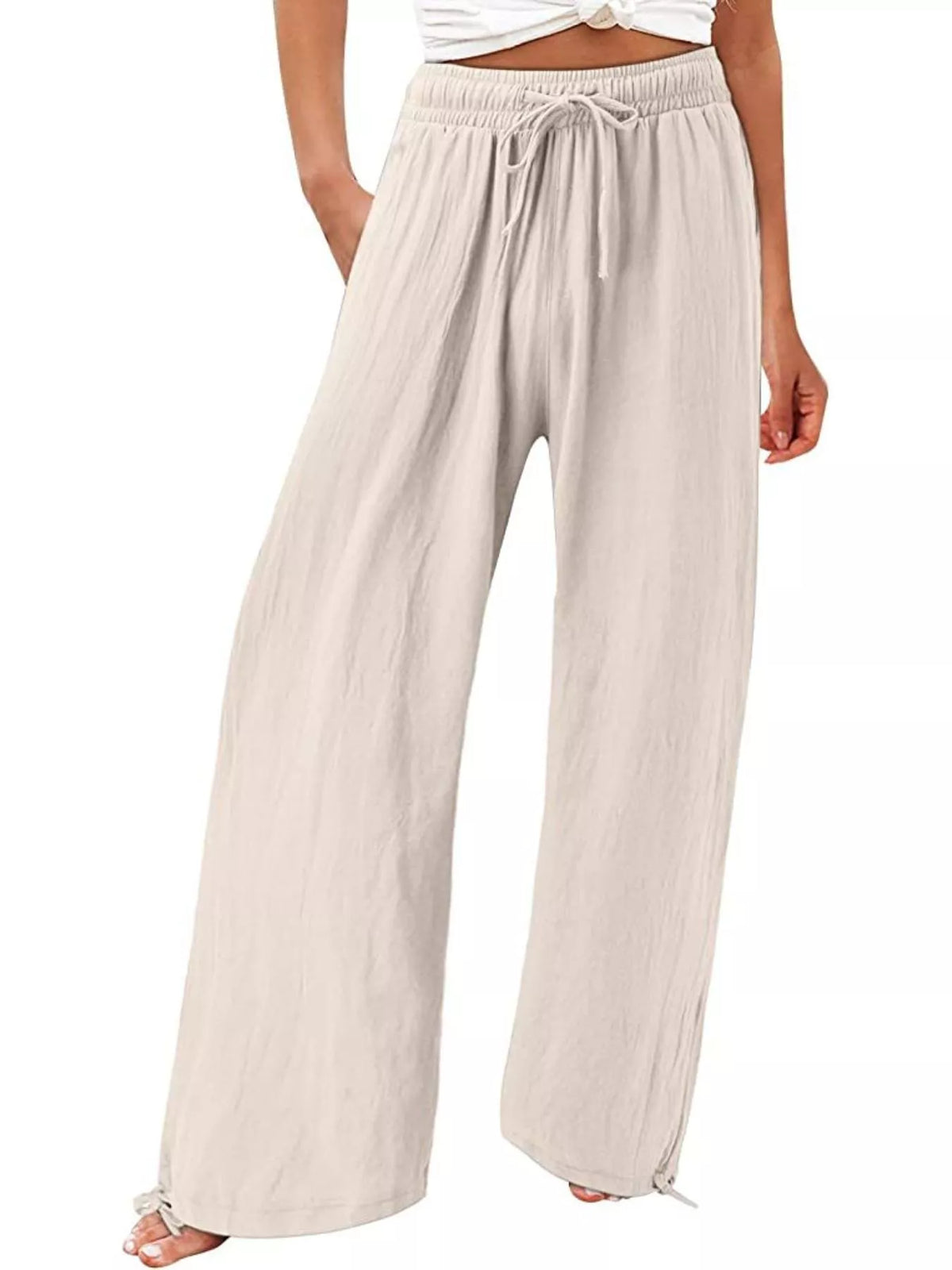 Plush Fashion Hub full-size wide-leg pants with drawstring waist, soft plush fabric, plus size, casual comfortable style.