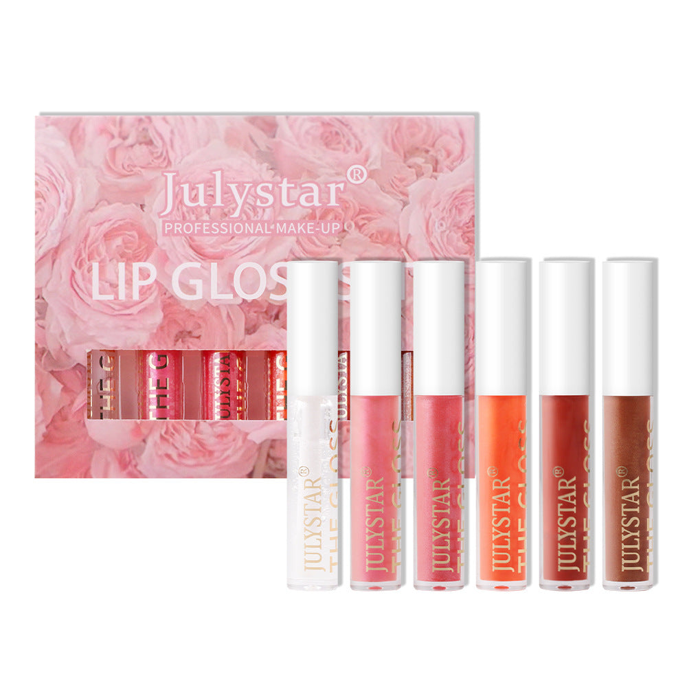 Six plastic lip gloss tubes with white caps in a box featuring a pink rose pattern and "Julystar" branding.