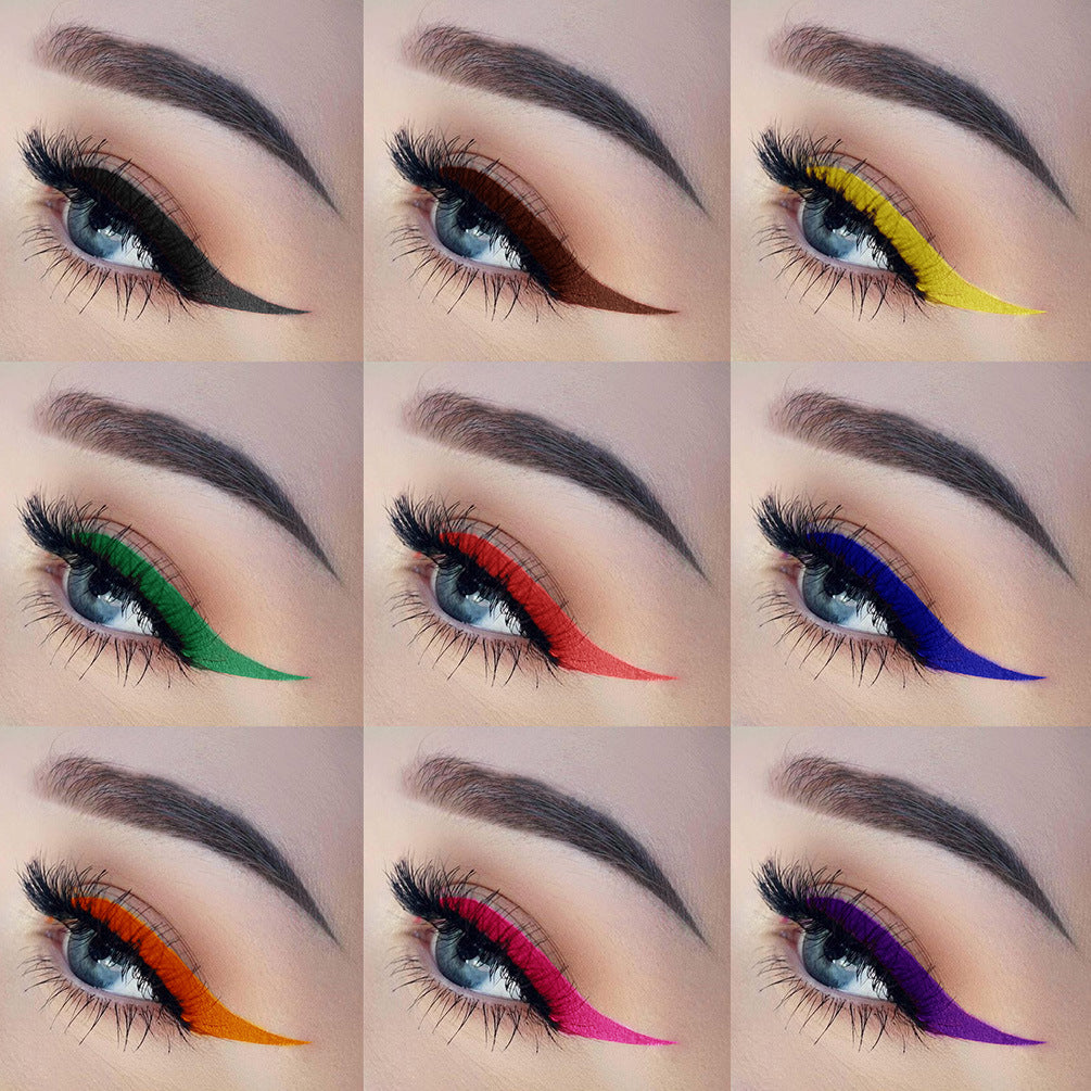 A 3x3 grid showing liquid eyeliner in black, brown, yellow, green, red, blue, orange, pink, and purple.