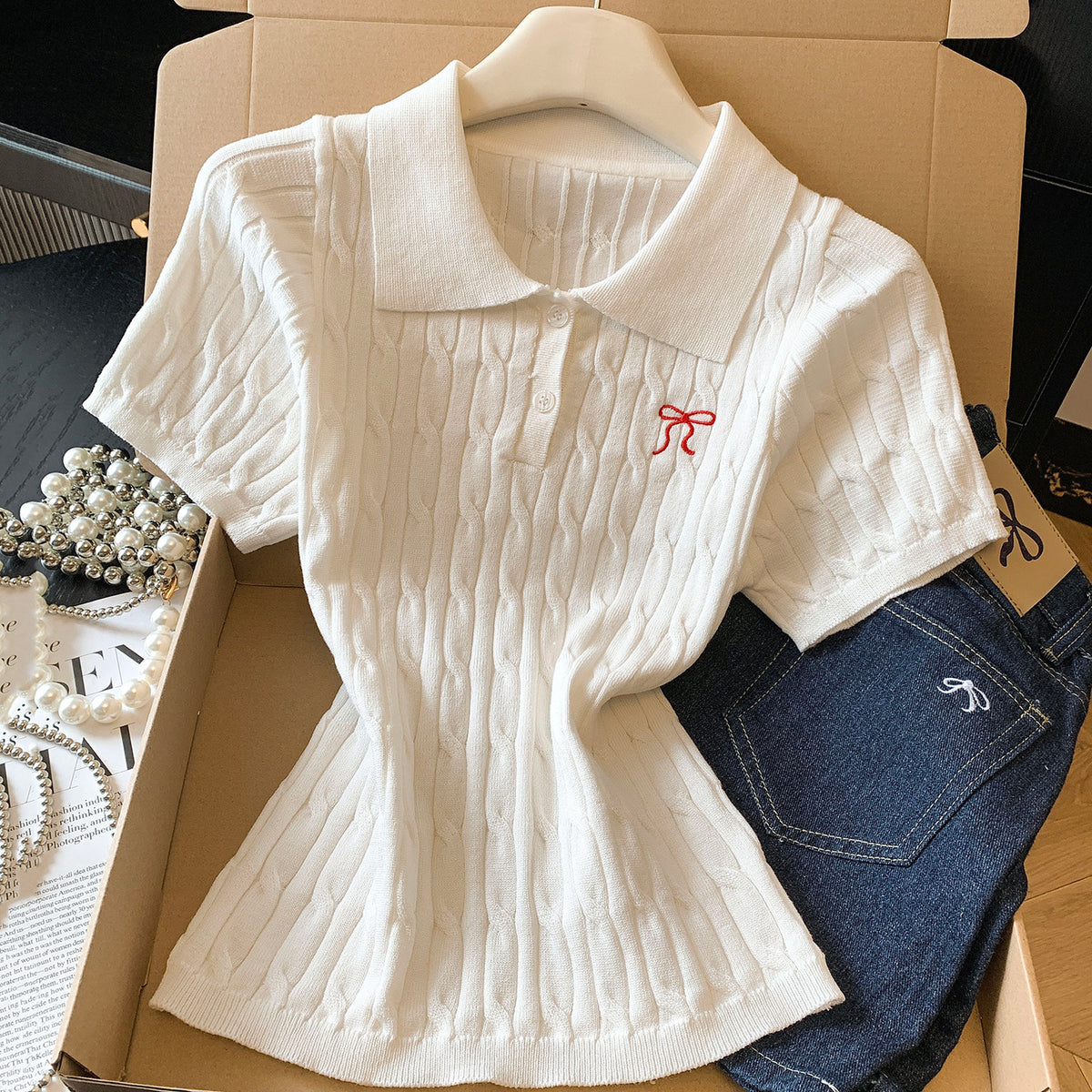 Eprolo women's look polo neck knitted top, close-up of soft, ribbed fabric with a fitted style and classic polo collar.