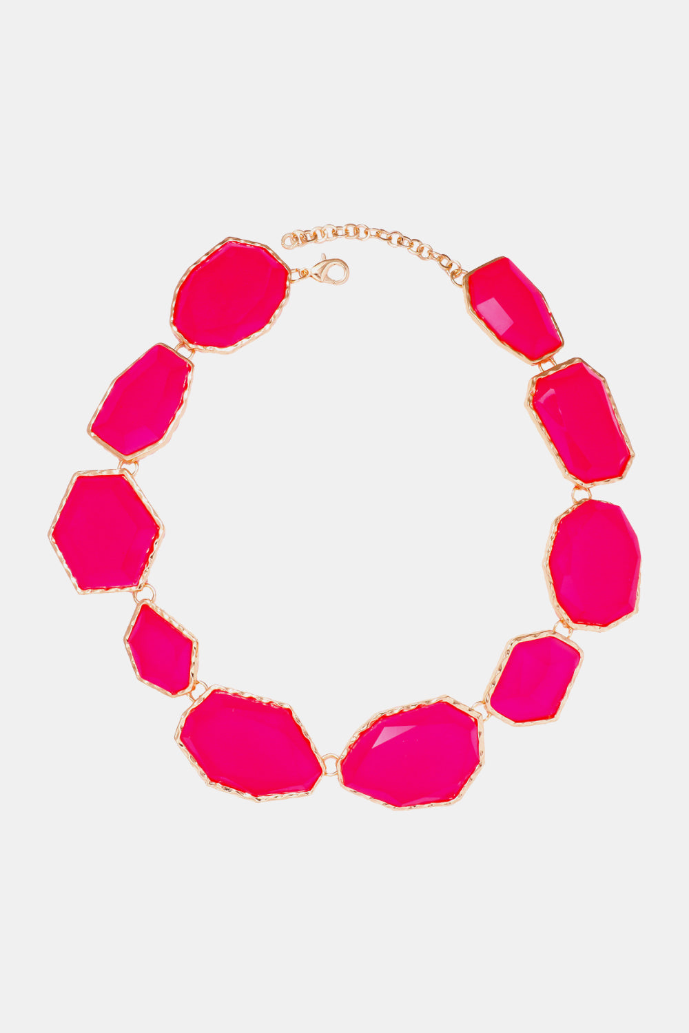 Geometrical resin necklace with zinc alloy frame, featuring colorful shapes and modern design, from Plush Fashion Hub.