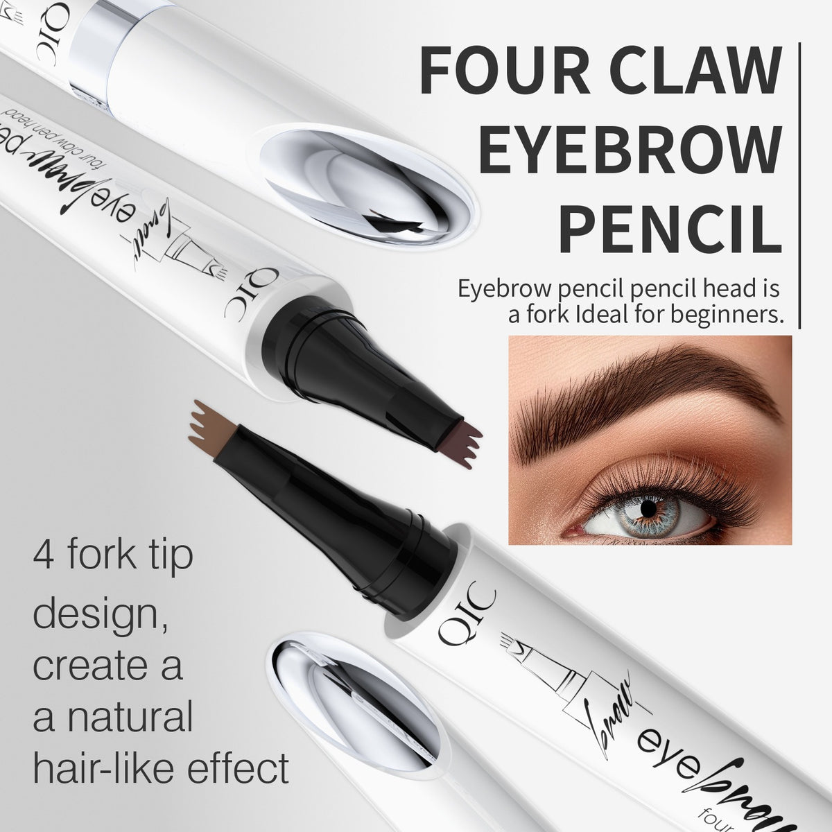 White QIC four-claw eyebrow pencils with black caps, a fork tip, and text on a white background.