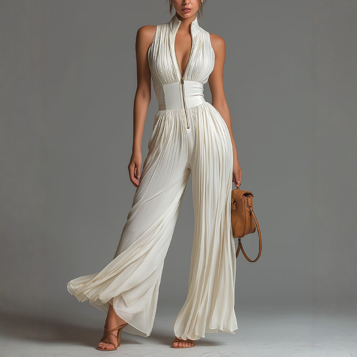 White pleated strap neck jumpsuit for women with long wide-leg design and folded details, by eprolo.