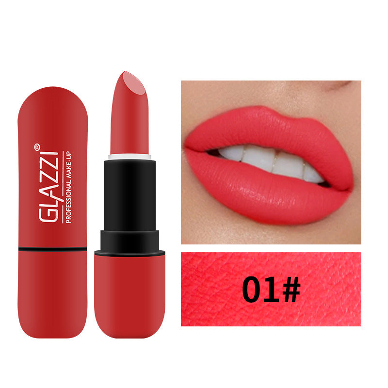 Red Glazzi matte lipstick with black casing, matching swatch, and model wearing the shade labeled 01#.