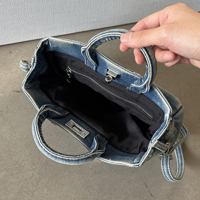 Vintage denim platinum shoulder bag by Plush Fashion Hub, versatile crossbody handbag for women with stylish design.
