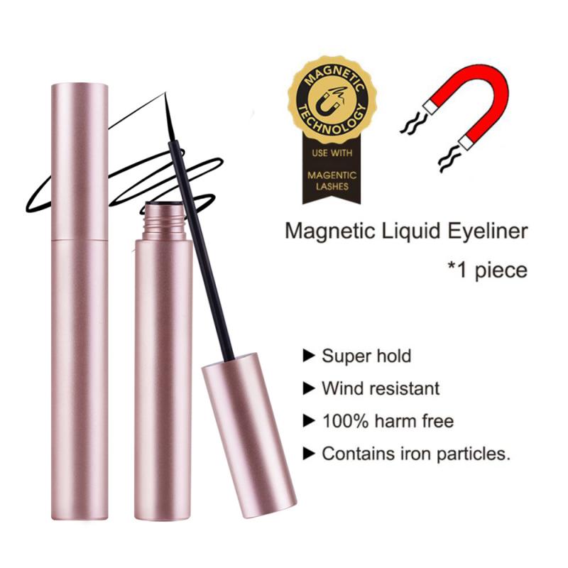 Pink magnetic liquid eyeliner tube with applicator brush, plus text and icons highlighting product features.