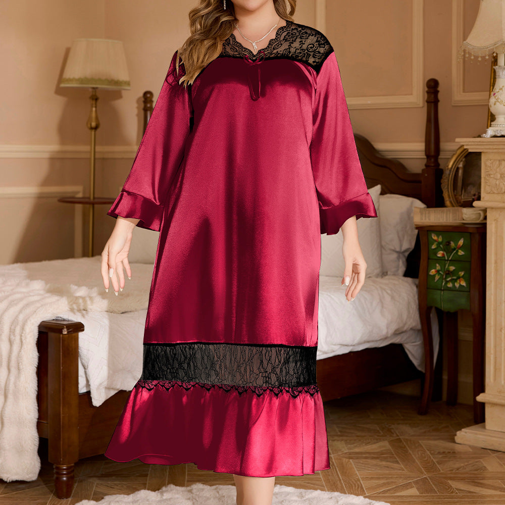 Burgundy satin nightgown, V-neck with black lace, long sleeves, black lace hem.