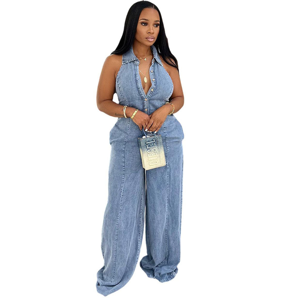 Women's Western style denim jumpsuit with turn-down collar, halter neckline, and single button closure, perfect for autumn winter fashion.