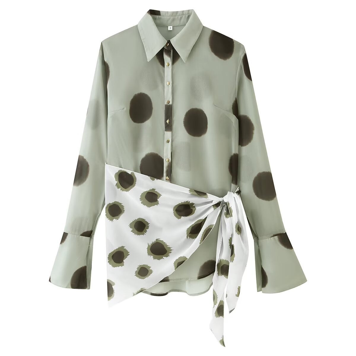 Sage green and white polka dot chiffon blouse with a pointed collar, buttoned front, and side tie sash.