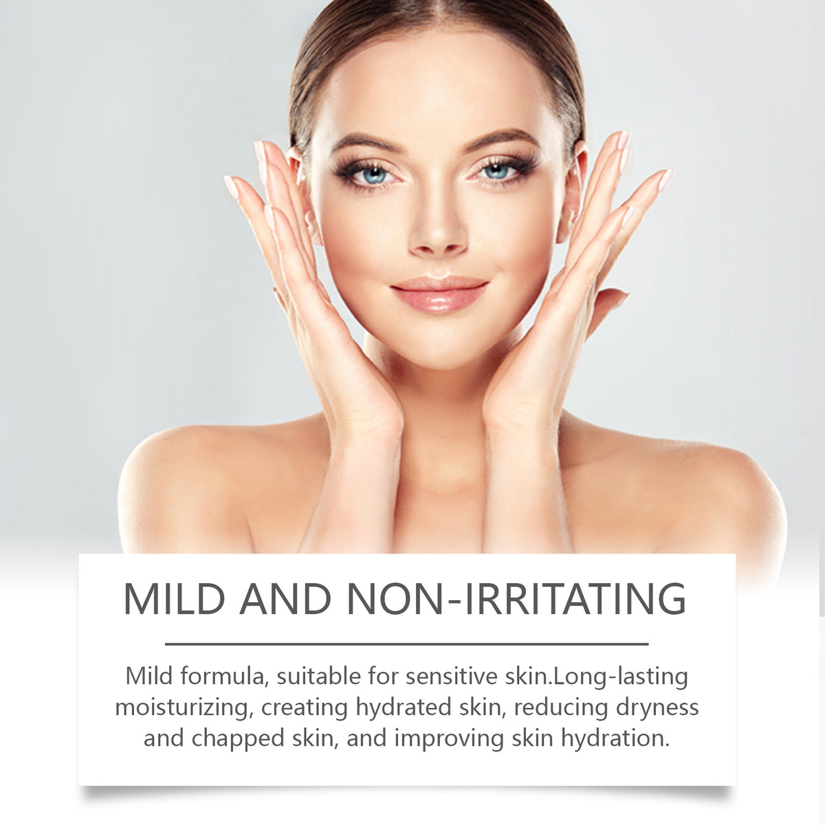 A woman with clear skin holds her face, with text below reading 'Mild and Non-Irritating'.