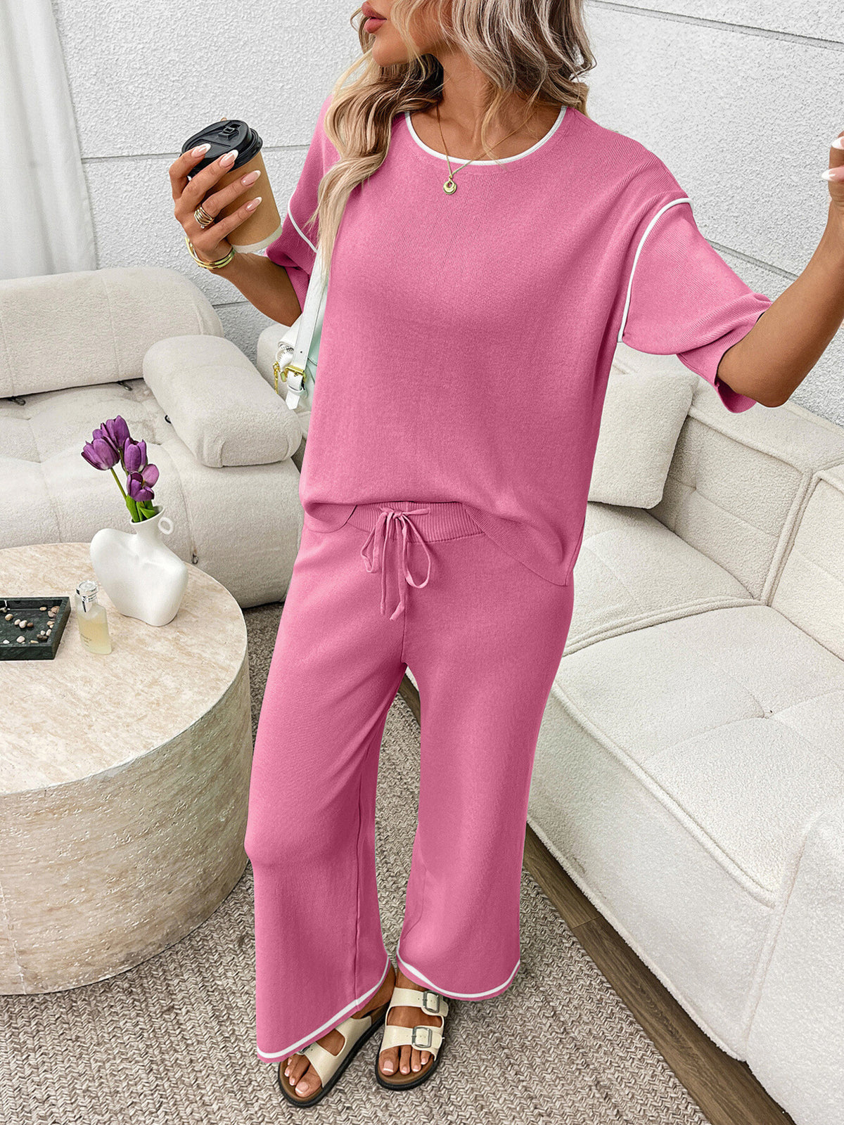 Women’s casual two-piece lounge set with round neck top and drawstring pants, branded Plush Fashion Hub.