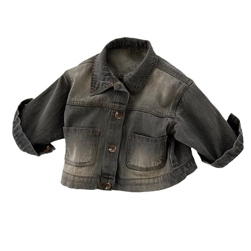 Dark grey denim jacket with faded finish, collar, button front, and two front pockets.