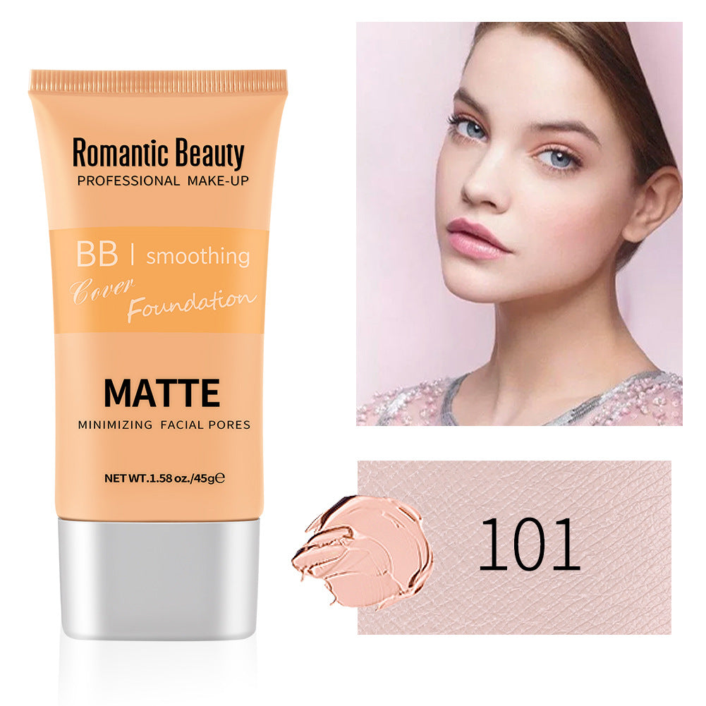 Peach-colored matte foundation tube labeled "Romantic Beauty" next to a swatch of shade 101 and a woman's face.