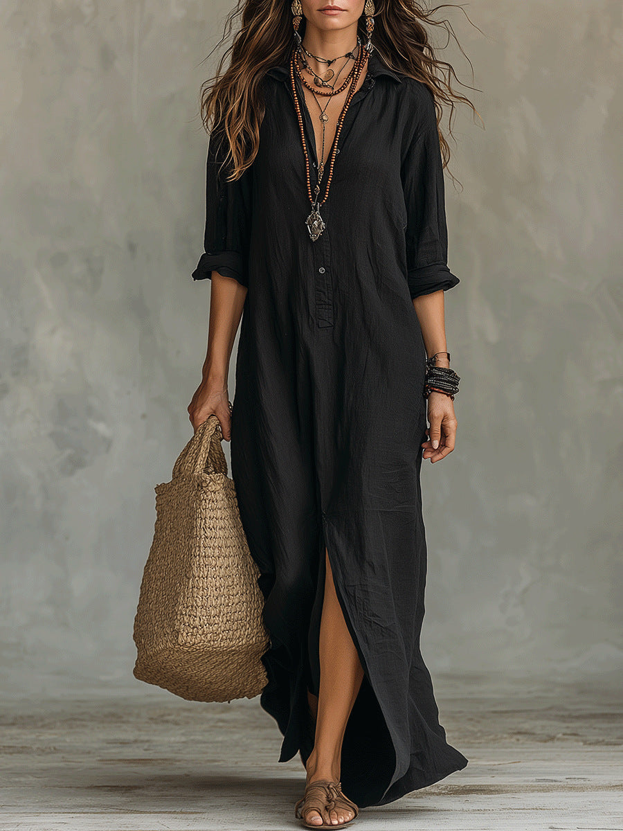 Eprolo long casual dress with solid color, notch lapel, front slit, suitable for spring and summer wear, relaxed style.