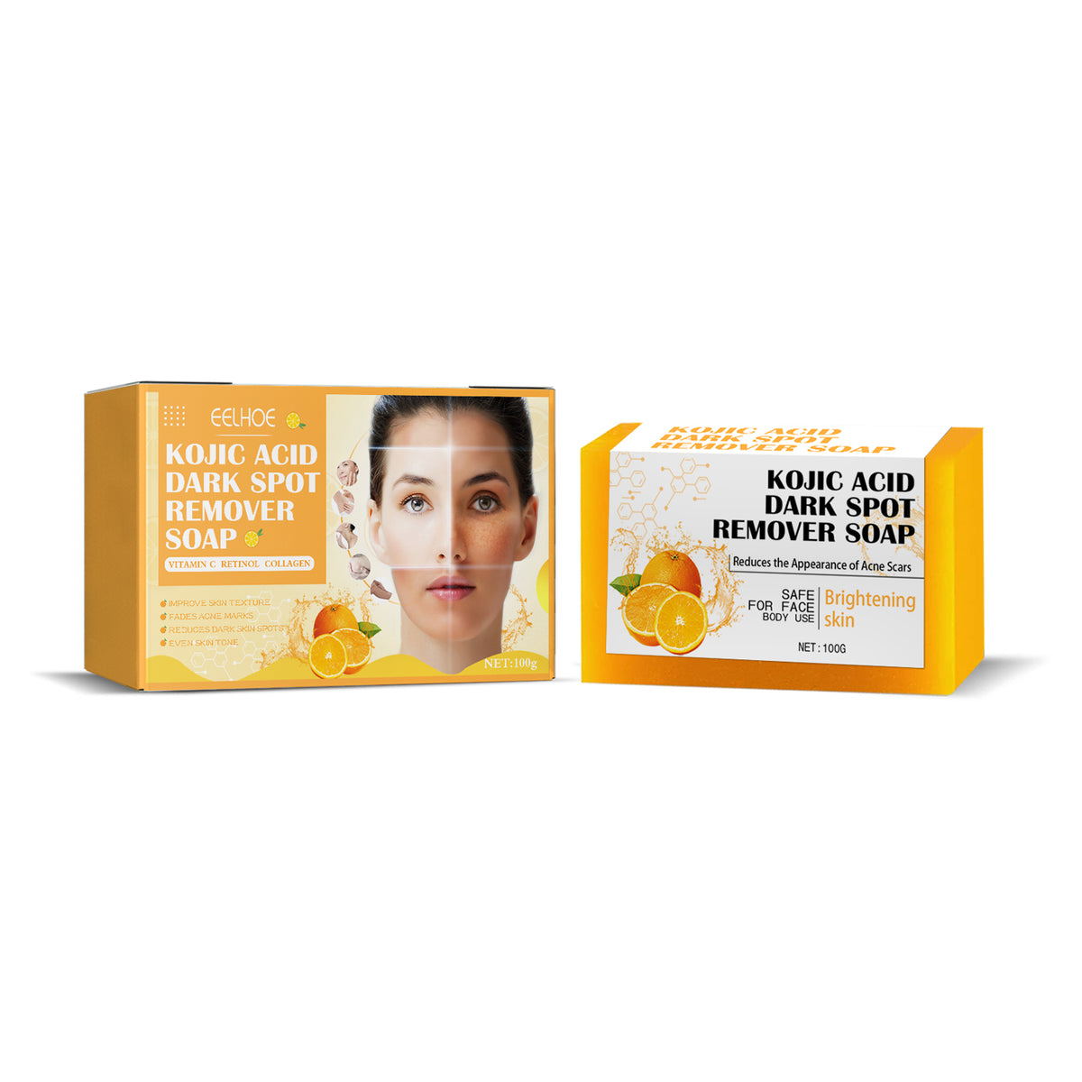 Orange Kojic Acid dark spot soap box and bar with orange graphics and woman's face.