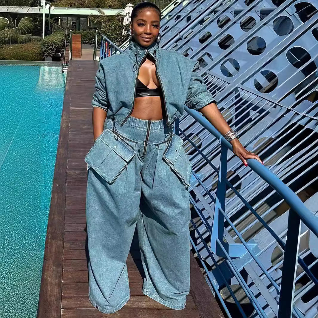 Women's retro denim two-piece outfit set with short jacket and wide-leg pants from Plush Fashion Hub, showcasing stylish casual wear.