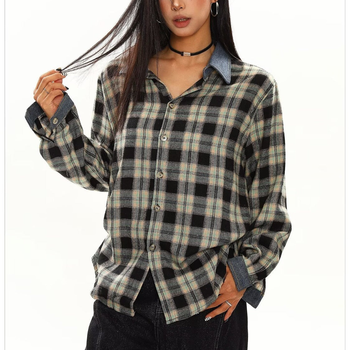 Loose fit plaid long sleeve shirt for men and women by eprolo, featuring a casual, stylish design in a relaxed fit.