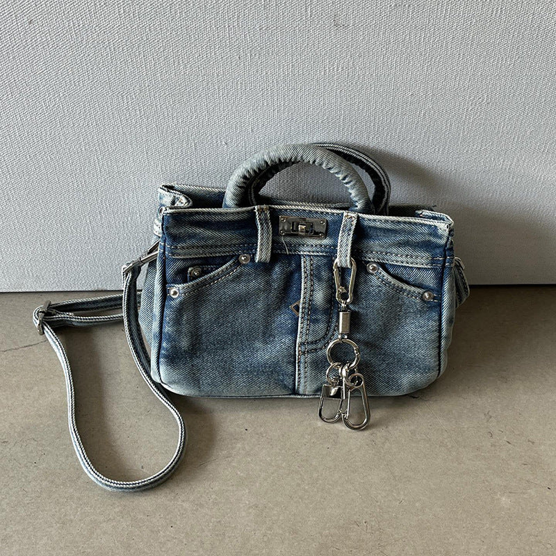 Vintage denim platinum shoulder bag by Plush Fashion Hub, versatile crossbody handbag for women with stylish design.