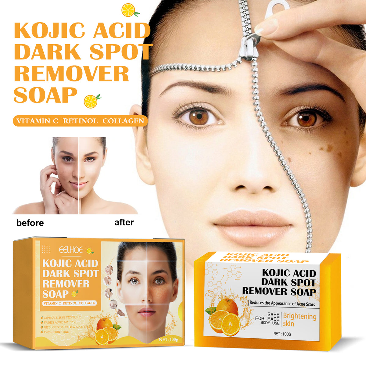 Yellow Kojic Acid Dark Spot Remover Soap box with before-and-after face graphics and oranges.
