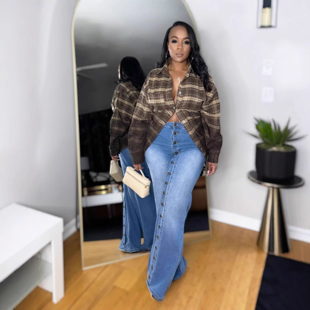 Plush Fashion Hub heavy-duty straight leg jeans with multi-button design, featuring durable denim fabric and classic fit.