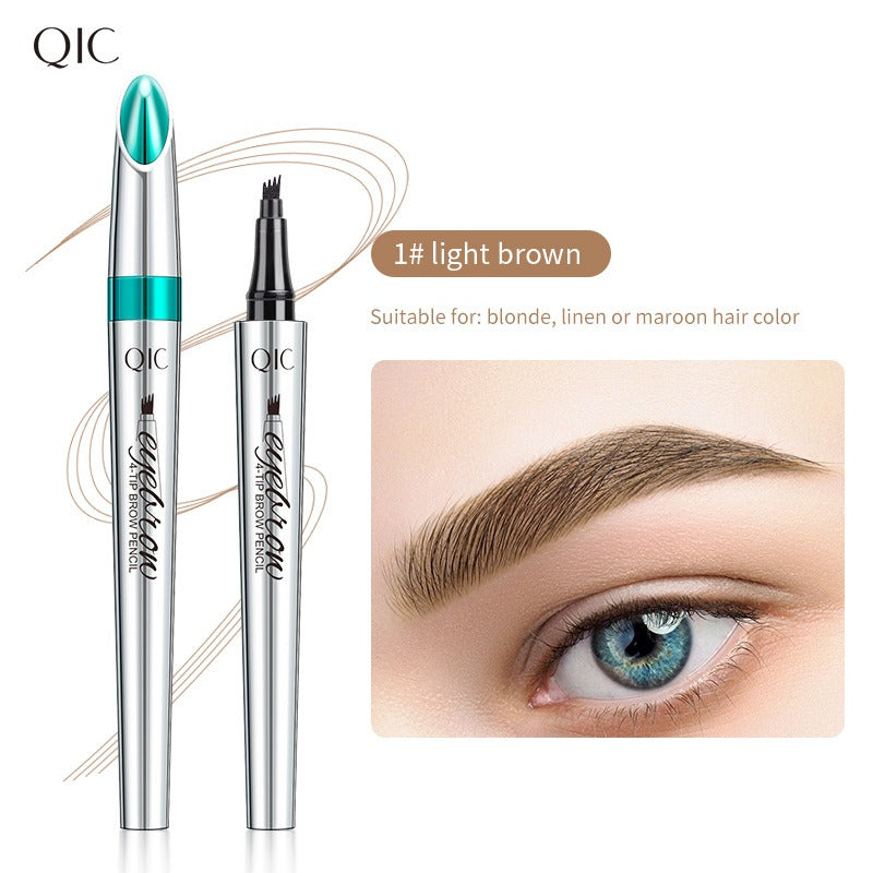 Silver 4-tip eyebrow pencil with turquoise cap, labeled "1# light brown," with defined eyebrow application result.