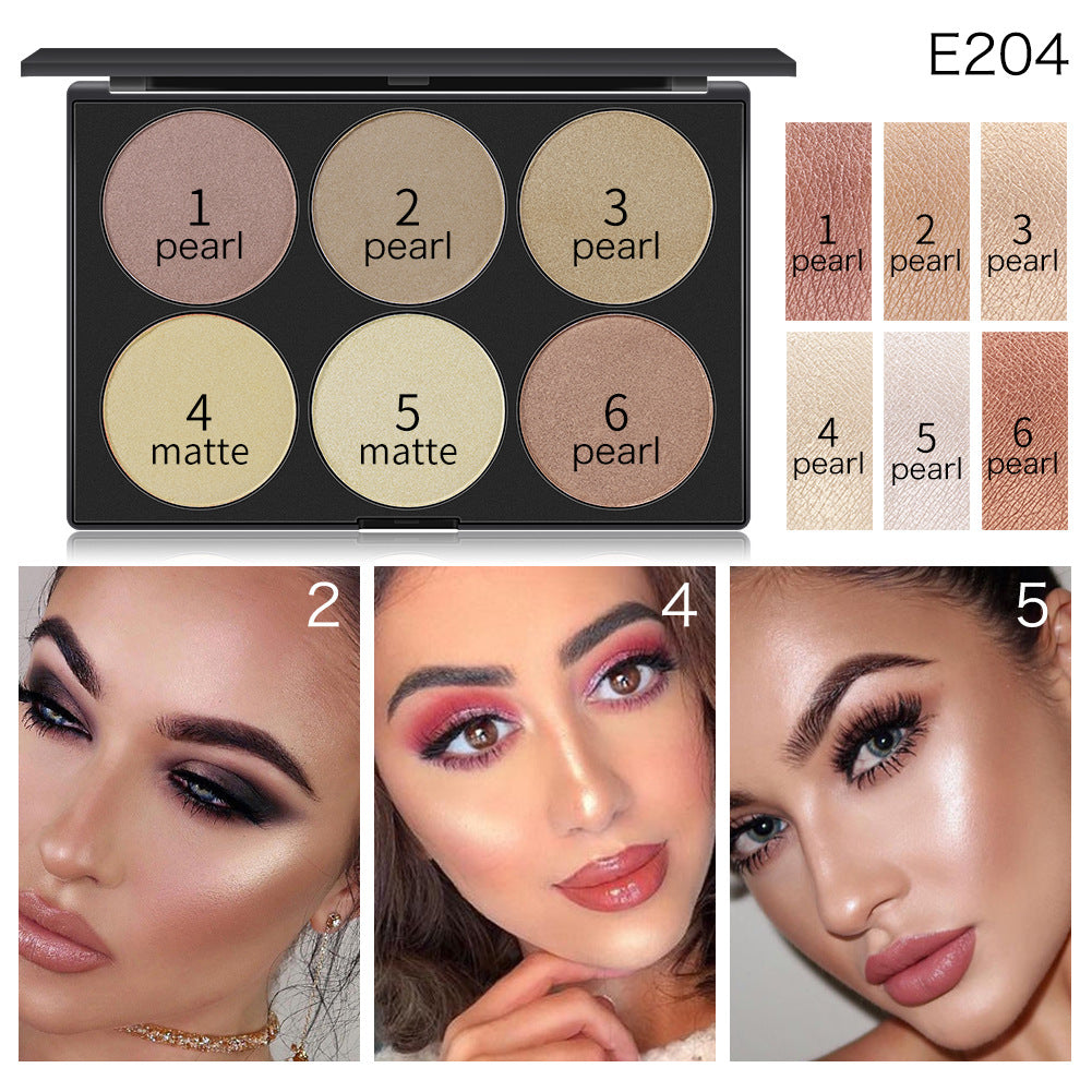 Makeup palette with six numbered round pans of pearl and matte powders in neutral and gold shades, plus swatches and model faces.
