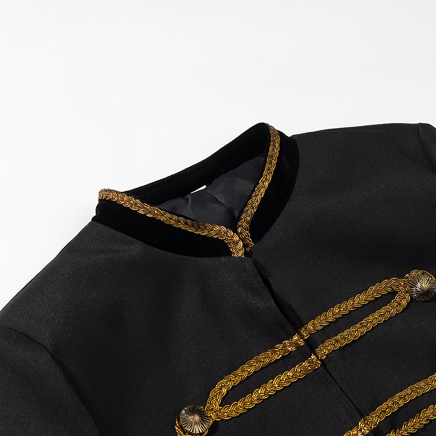 Eprolo irregular waist-cinched short long-sleeved jacket with a unique design and fitted silhouette, shown on a model.