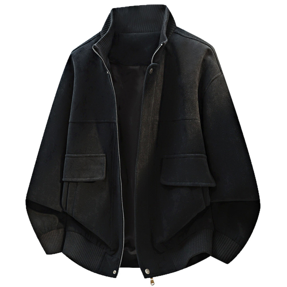 Black faux-suede bomber jacket with zip-up front, stand collar, ribbed hem and cuffs, and two flap pockets.