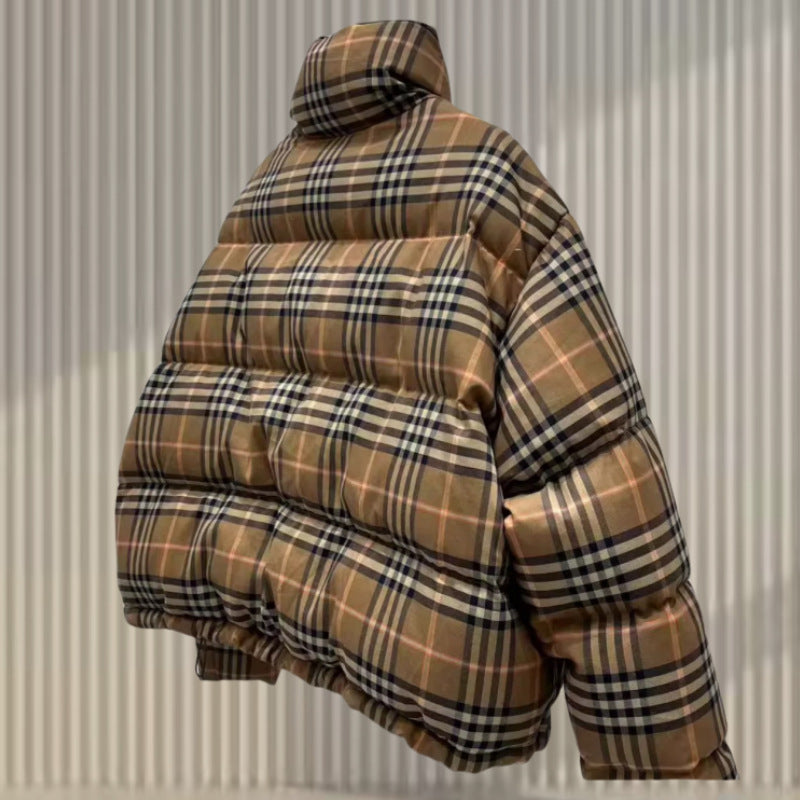 A tan puffer jacket with a black and red plaid pattern, captured from behind.