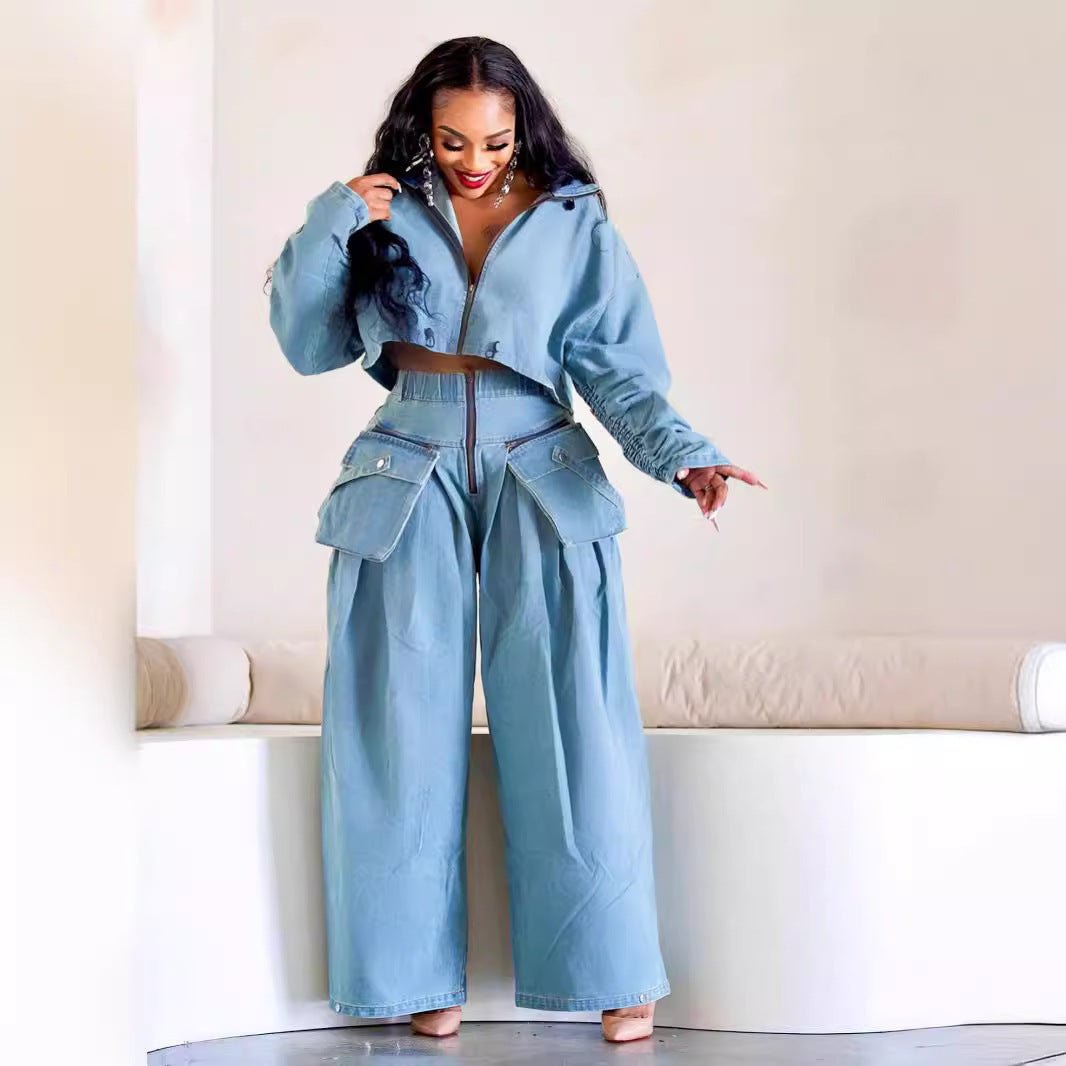 Women's retro denim two-piece set with short jacket and wide-leg pants by Plush Fashion Hub, styled for a casual look.