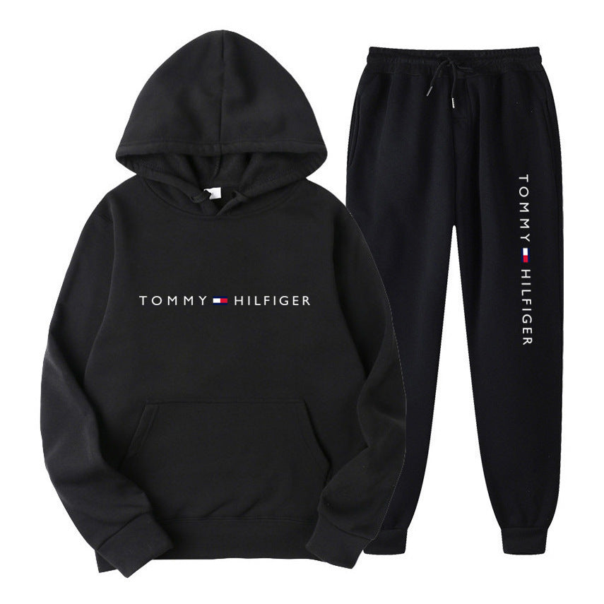 Printed men's hoodie and jogger set from Plush Fashion Hub, perfect for spring and autumn leisure sports outfits.