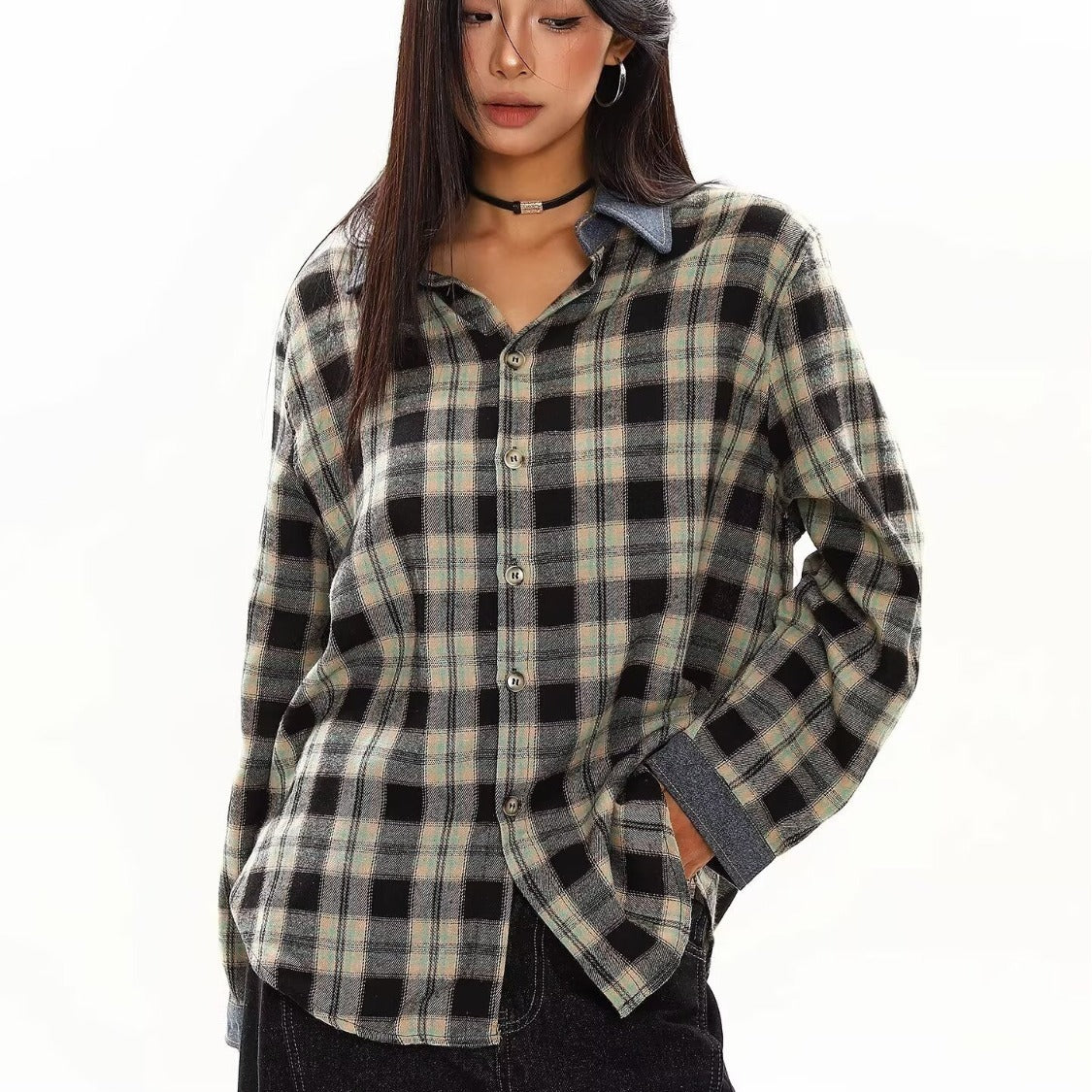 Loose fit plaid long sleeve shirt for men and women by eprolo, featuring a casual, relaxed style with a classic plaid pattern.