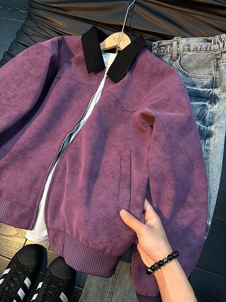 Purple suede-style zip jacket with a black contrast collar, side pockets, and a ribbed hem.