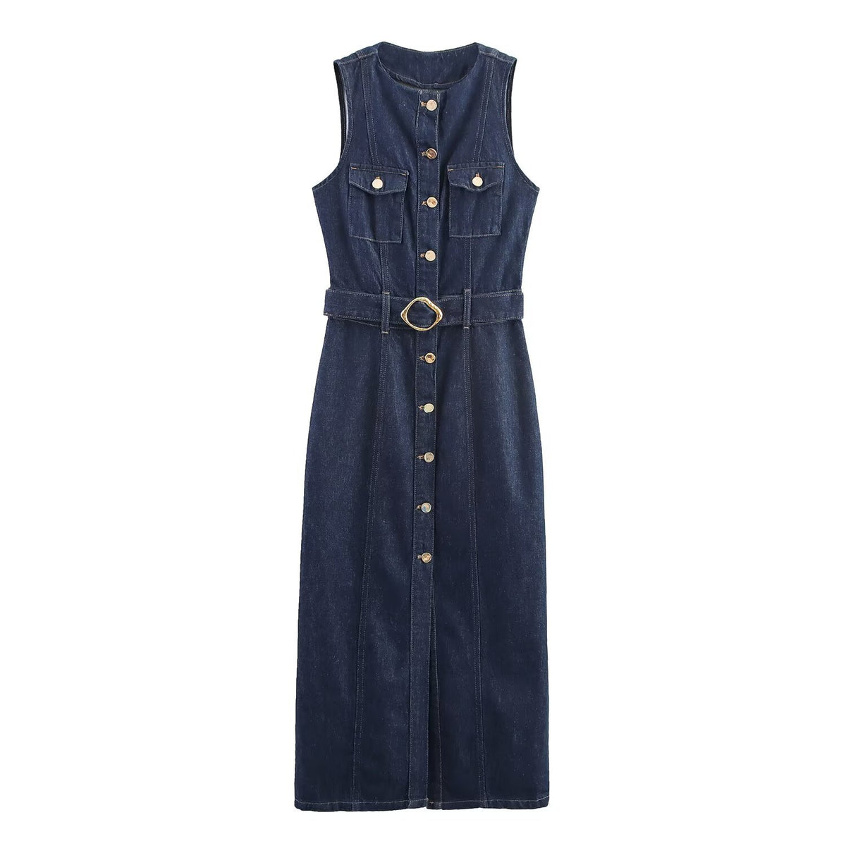 Dark blue denim sleeveless midi dress with gold buttons, chest pockets, and a matching belt.