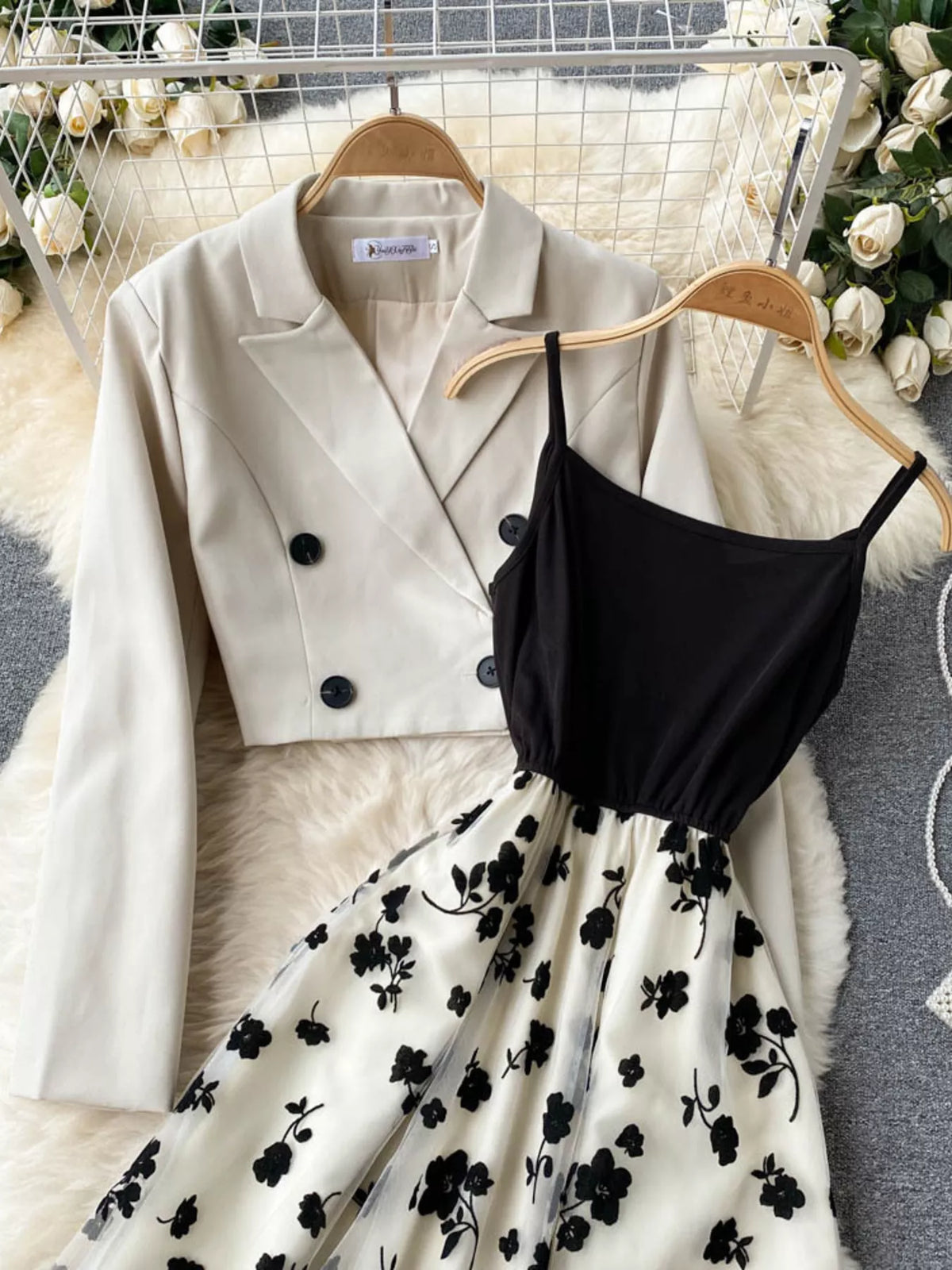 Elegant floral mesh two-piece dress and blazer set by Plush Fashion Hub, featuring a stylish dress with matching blazer.