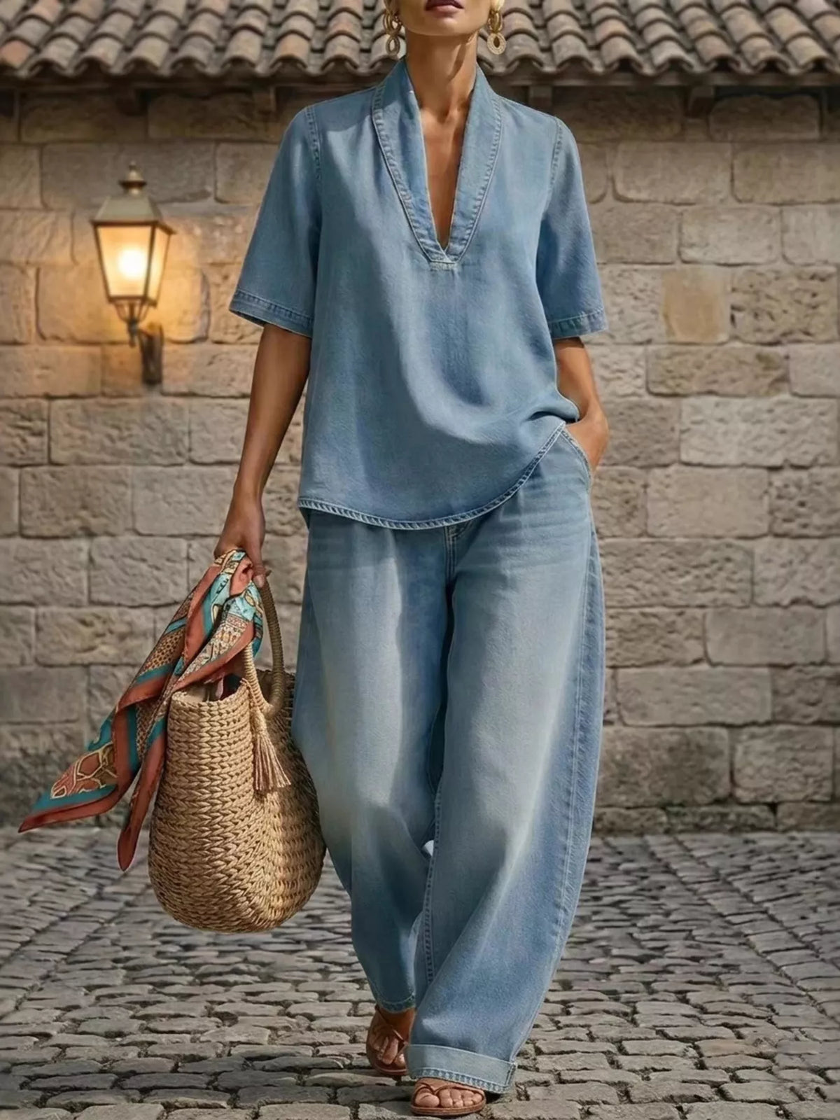 Plus size women's half sleeve top and wide-leg pants set by Plush Fashion Hub, stylish dress ensemble for casual wear.