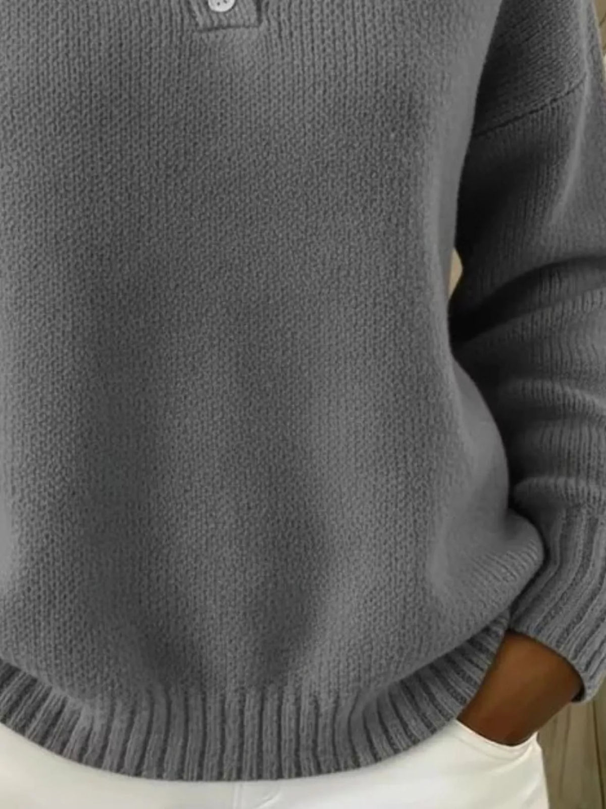 Plus size Trendsi sweater with dropped shoulders, button details, and a relaxed fit, showcasing soft knit fabric and stylish design.
