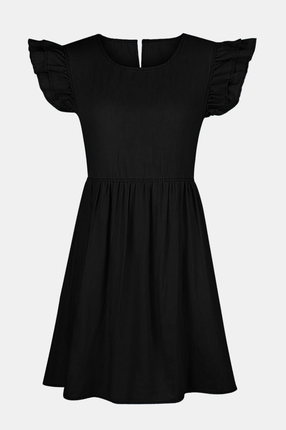 Full size ruffled round neck cap sleeve denim dress by Plush Fashion Hub, featuring a stylish design and classic denim fabric.