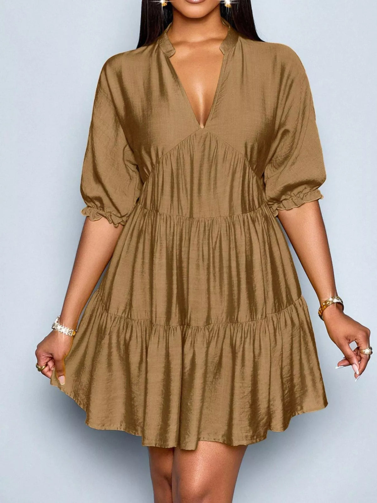 Notched half sleeve tiered dress by Plush Fashion Hub featuring a flowy, layered design in lightweight fabric.