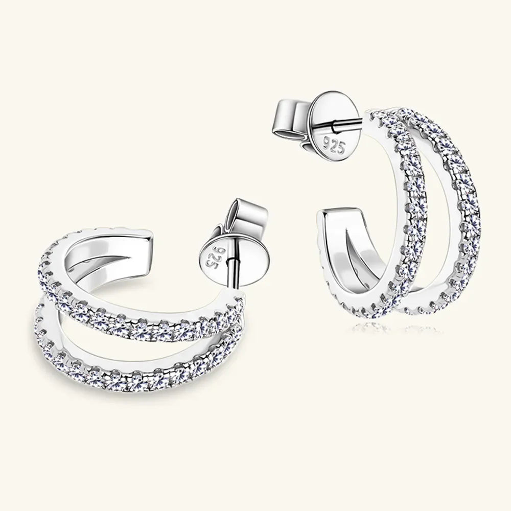 925 sterling silver C-hoop earrings with sparkling moissanite stones, stylish jewelry from Plush Fashion Hub.