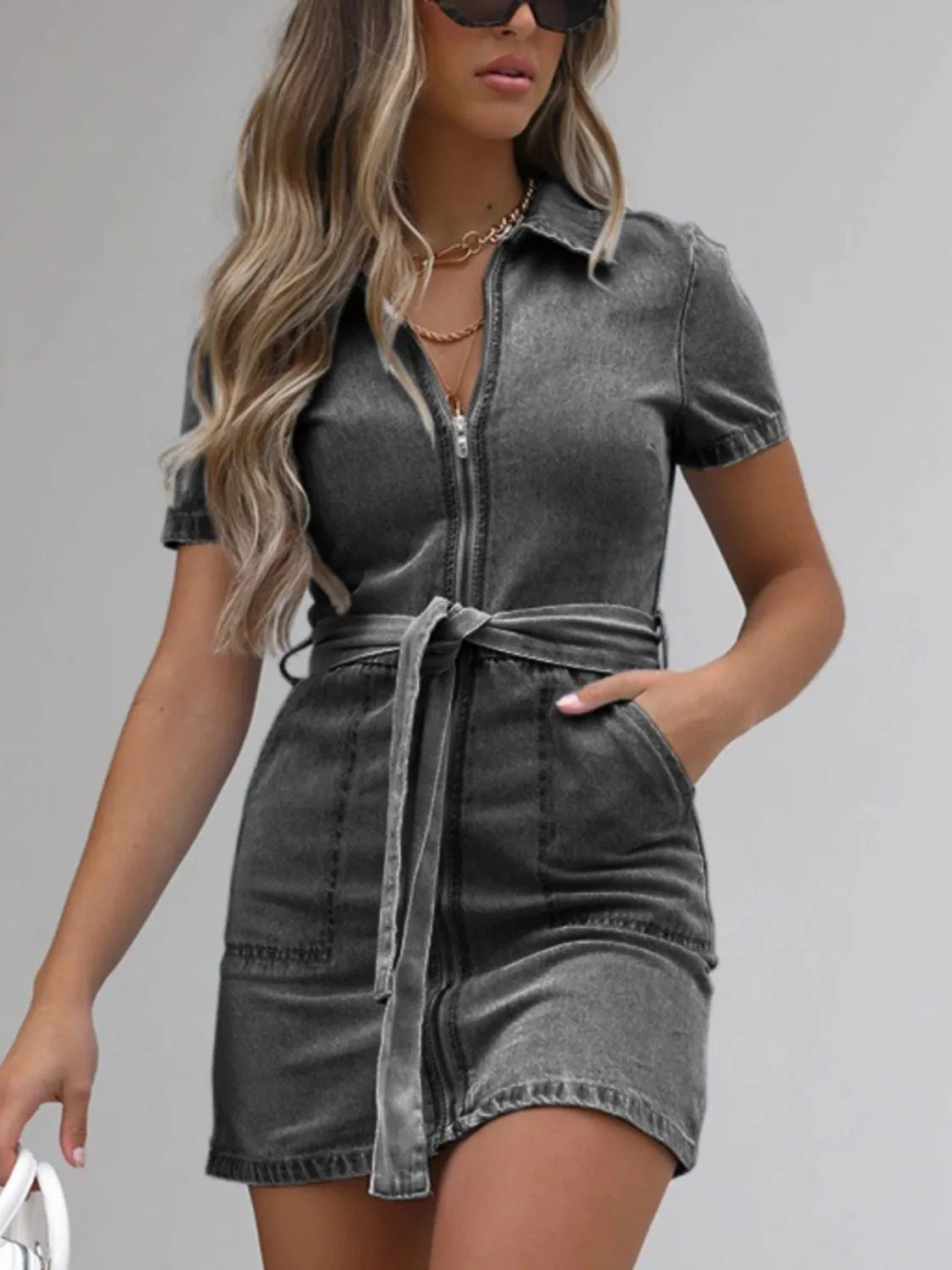 Plus size denim dress with short sleeves and full zip front from Plush Fashion Hub, showcasing a casual, stylish clothing option.